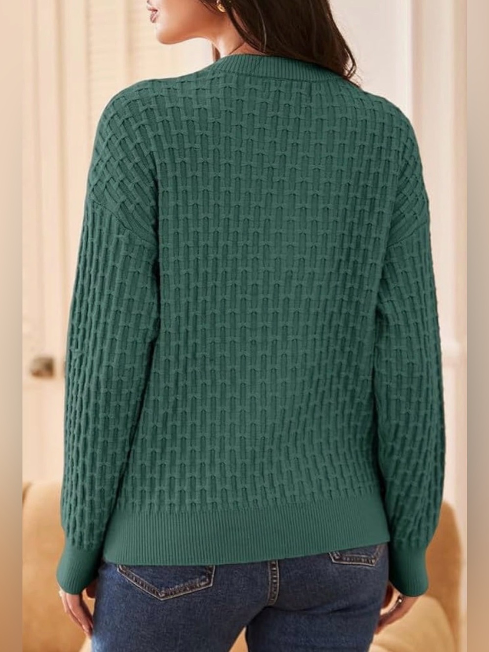 Button-Front Textured Crew Sweater in Teal Green - Women - Picture 4 of 8